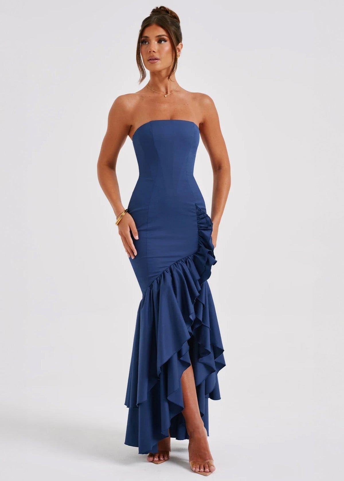 Strapless Ruffled Maxi Dress In Navy Fabric