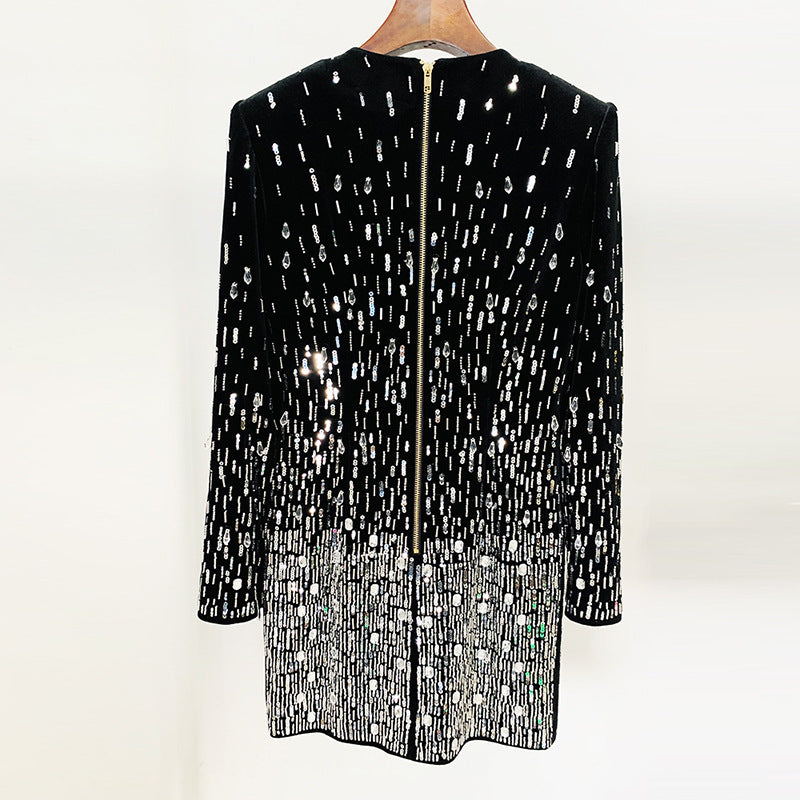 Elegant Black Velvet Sequin Long Sleeve Dress