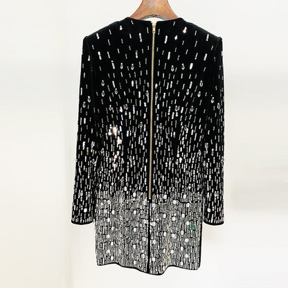 Elegant Black Velvet Sequin Long Sleeve Dress