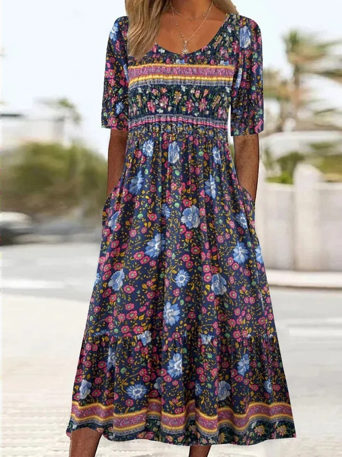 Summer New Women'S Round Neck Short Sleeve Long Skirt Bohemian Print Dress