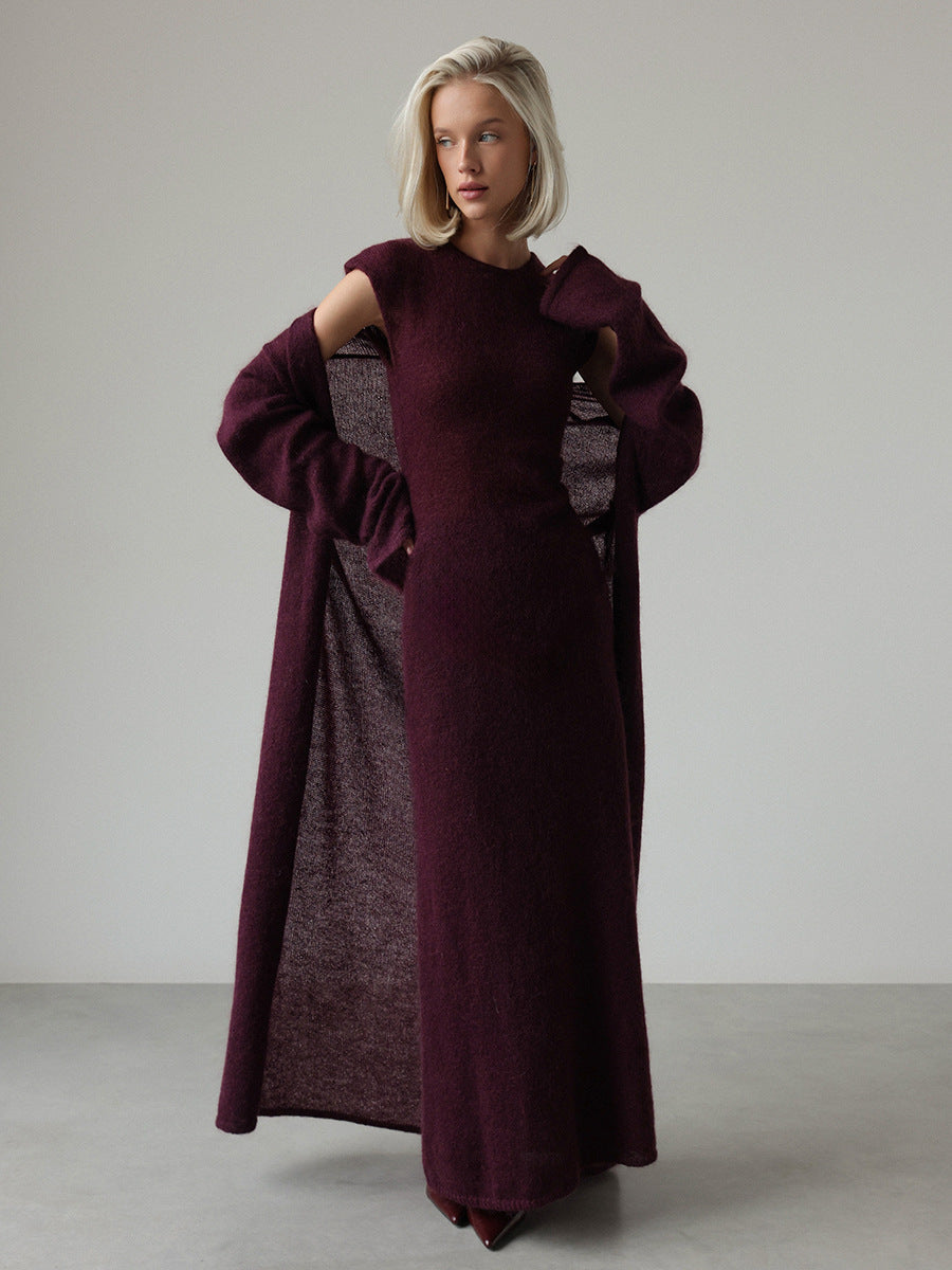 Knitted Cardigan Dress Set Stylish Basic Long Dress