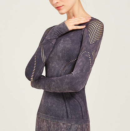 Solid Color Seamless Washing Sports And Leisure Long-Sleeved Shirt Openwork Tight Printed Yoga Clothes Top