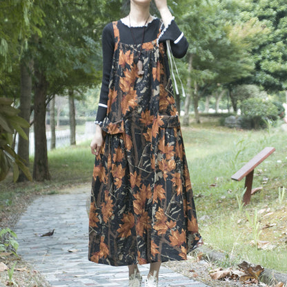 Spring And Autumn Ethnic Style Printed Cotton Hemp Strap Dress Loose Swing Large Pocket Long Dress