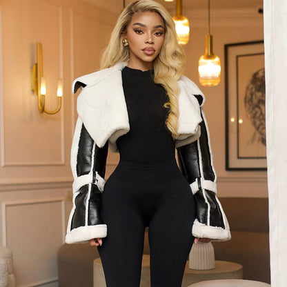 Trendy Cropped Pu Leather Jacket With Faux Fur Collar