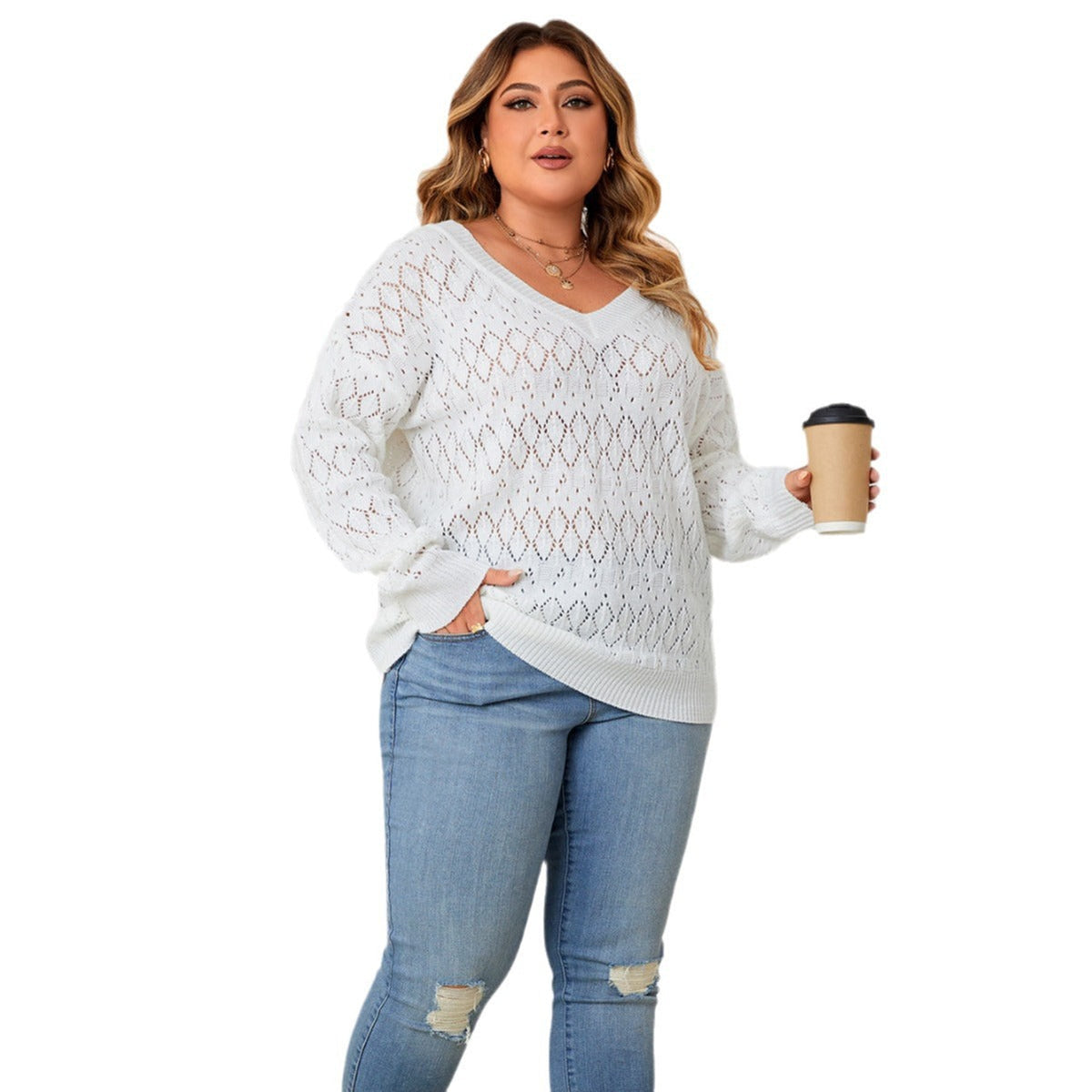 Oversized Hollow V-Neck Knit Sweater For Plus Size Women