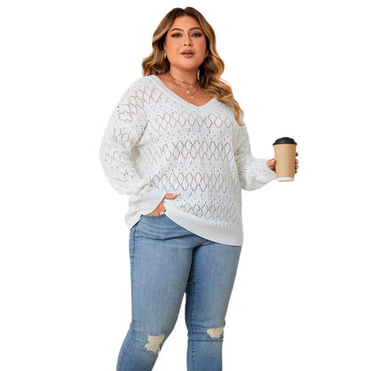 Oversized Hollow V-Neck Knit Sweater For Plus Size Women