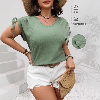 V-Neck Drawstring Short Sleeve Loose Top For Women