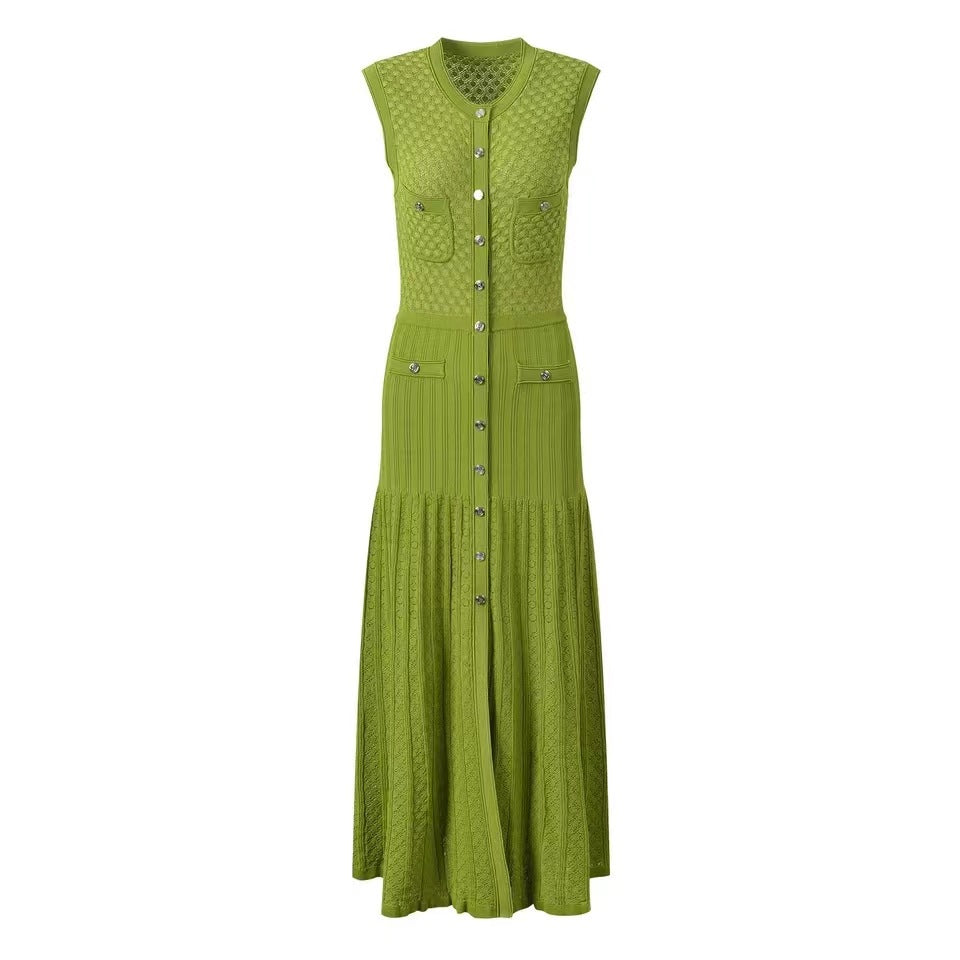 Round Neck Button Down Sleeveless Knit Dress