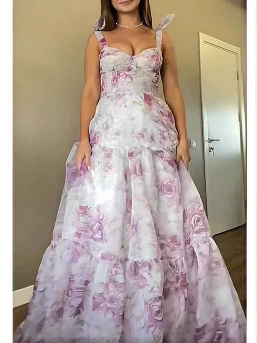 Elegant Sheer Off-Shoulder Dress With 3D Floral Design