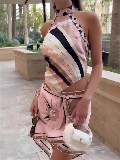 Sexy Satin Halter Neck Backless Top With Irregular Skirt And Shorts Set
