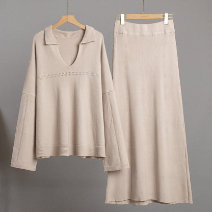 Fashionable V-Neck Knit Sweater And Skirt Set