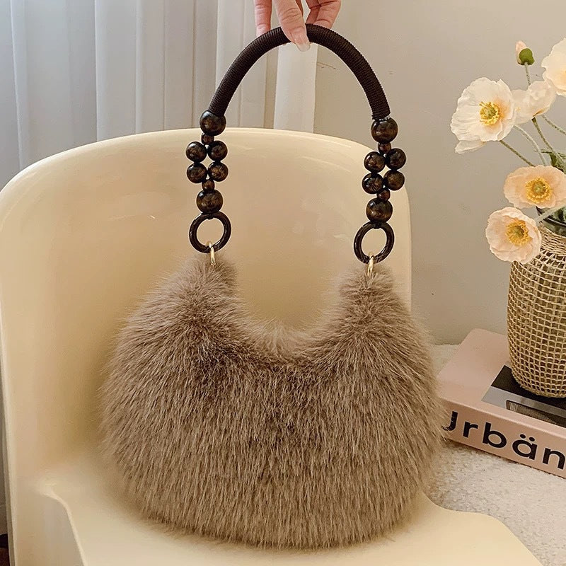 Winter Solid Soft Fluffy Underarm Handbag