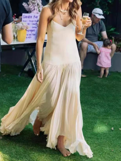 Elegant Pleated String Tie Backless Dress