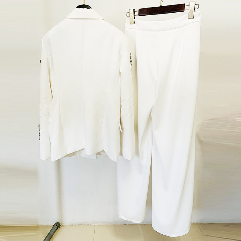 Trendy Elegant Pearl Beaded Blazer & Wide Leg Pants Set