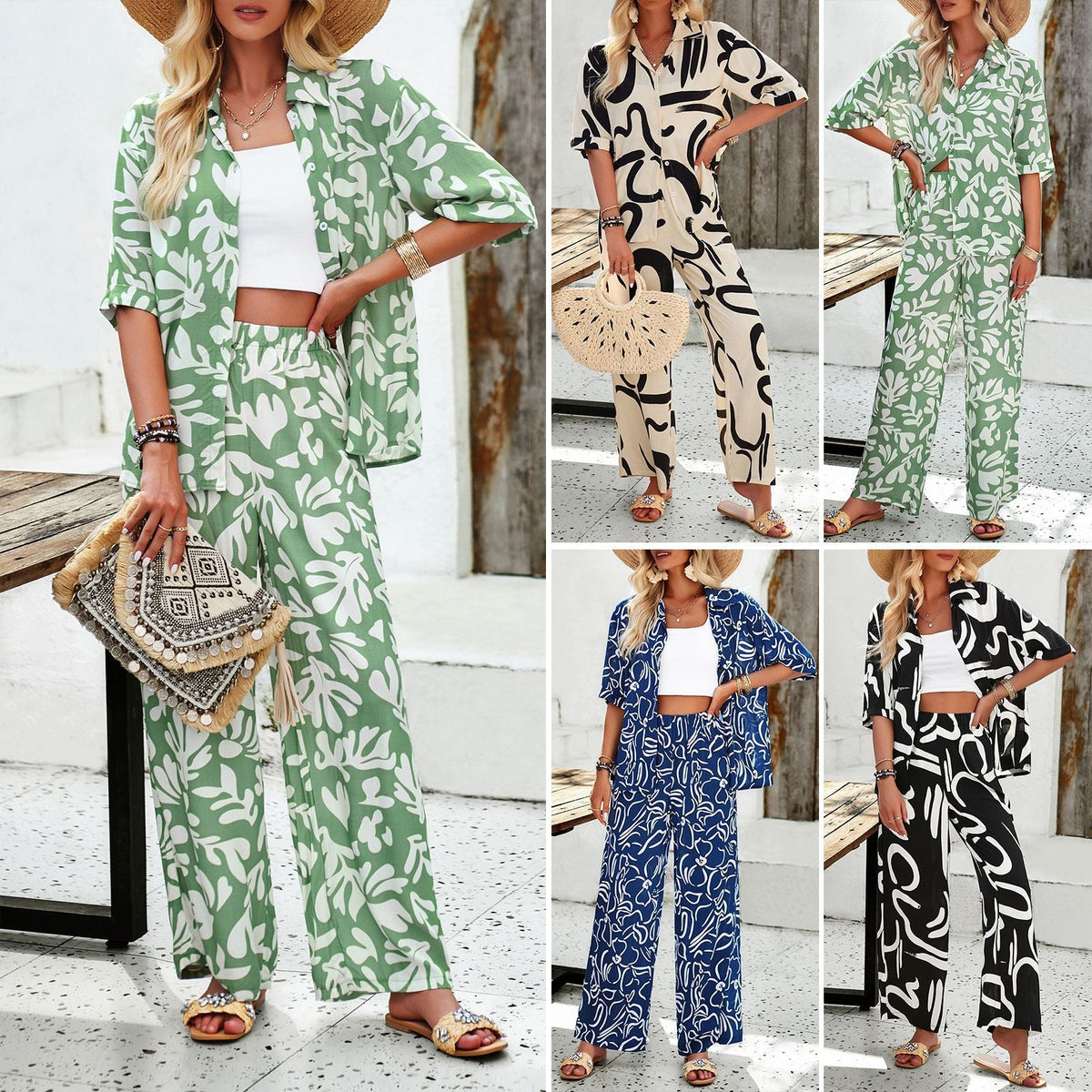 Bohemian Printed Casual Short Sleeve Pants Set