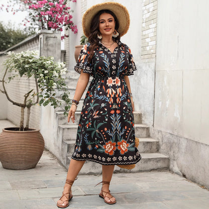 Bohemian Contrast V-Neck High Waist Maxi Dress