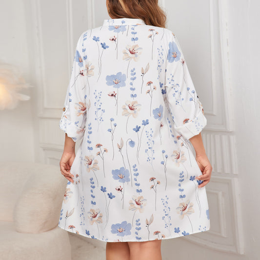 White Floral Print A-Line Dress Polyester Casual Dress