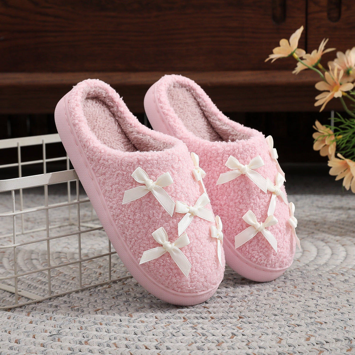 Bow Knot Plush Warm Winter Indoor Slippers