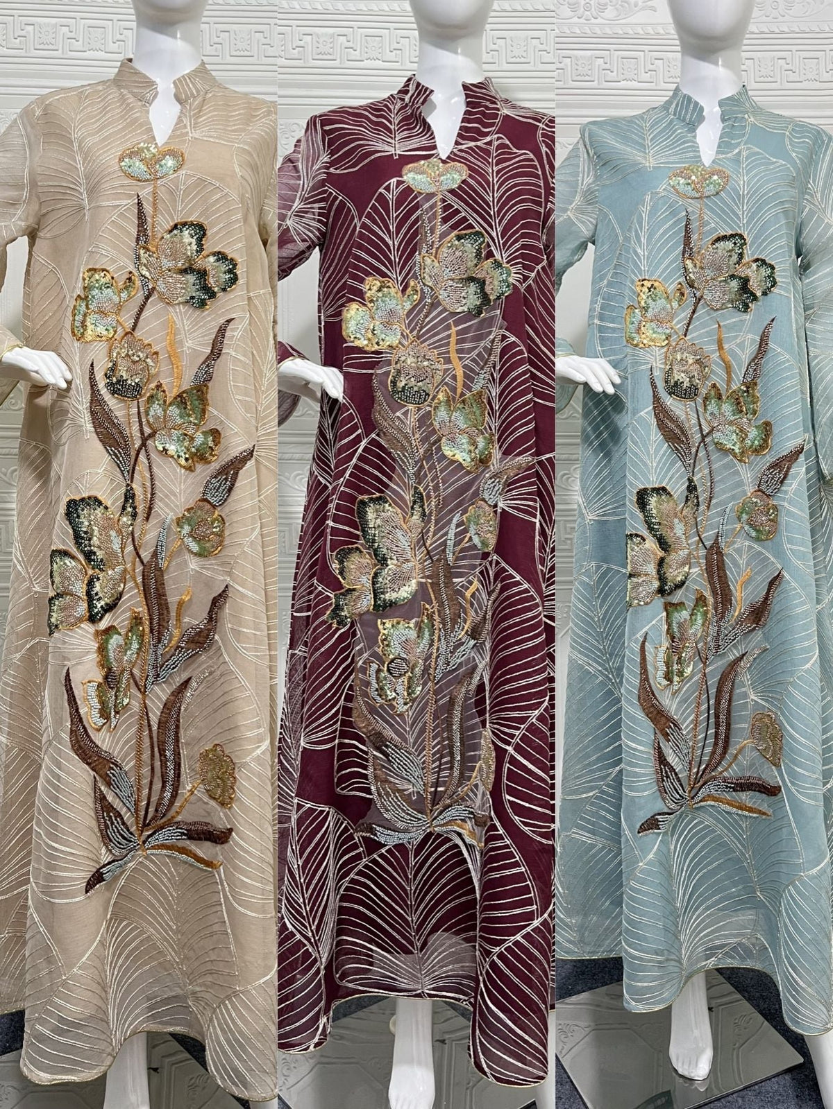 Embroidered Mesh Maxi Dress Elegant Muslim Abaya