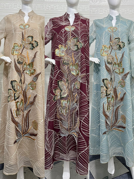 Embroidered Mesh Maxi Dress Elegant Muslim Abaya