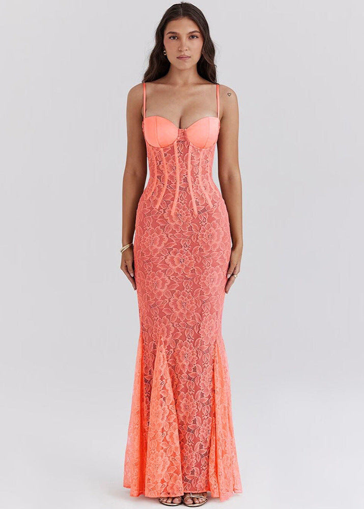 Sheer Lace Bustier Gown With Coral Hue