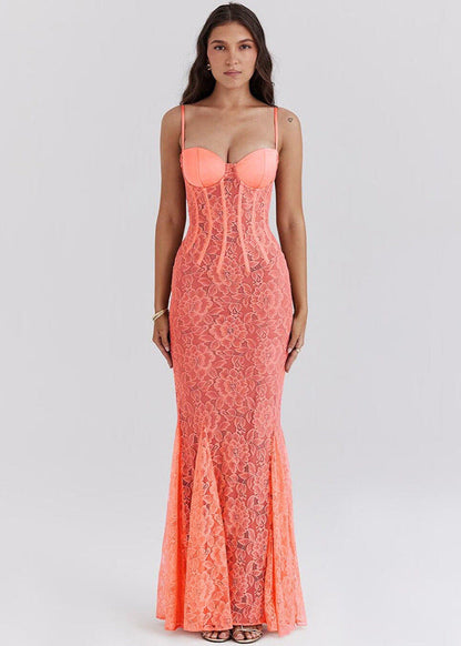 Sheer Lace Bustier Gown With Coral Hue