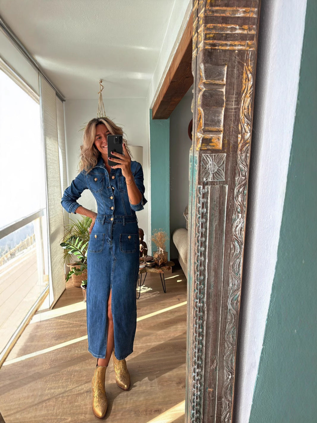 Casual A-Line Long Sleeve Denim Dress with Pockets