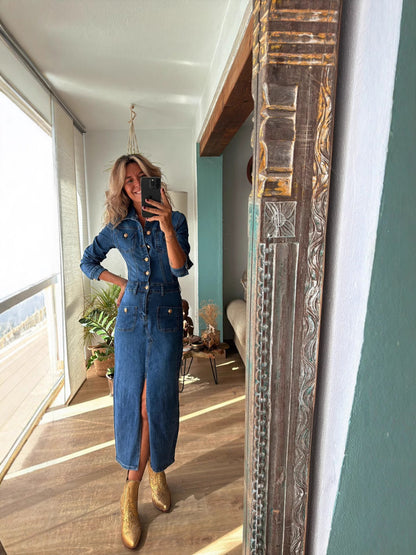 Casual A-Line Long Sleeve Denim Dress with Pockets
