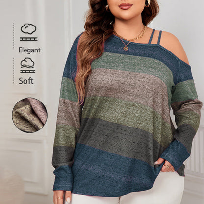 Off-Shoulder Loose Long Sleeve Shirt Color Block Top