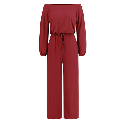 Women'S Autumn And Winter New Casual One Shoulder Long Sleeved Waist Trimming Jumpsuit With Tie Up Wide Leg Pants