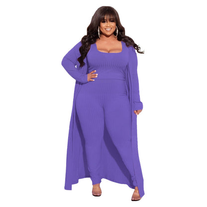 High Stretch Ribbed Three-Piece Set Stylish Casual Outfit