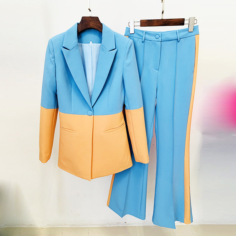 Color Block Blazer & Flared Pants Set