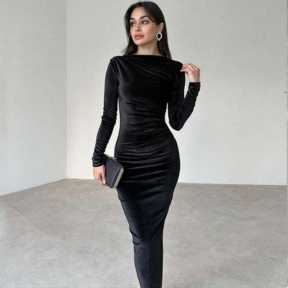 Elegant Solid Color Long Sleeve Dress with Ruching