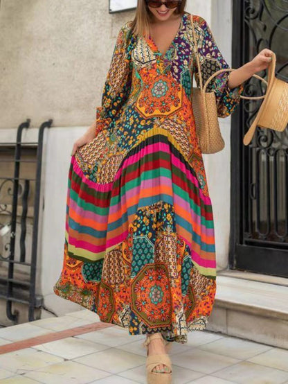 Positioning Print Swung Super Long Ethnic Style Dress Women'S Pleated Summer New Temperament Long Skirt