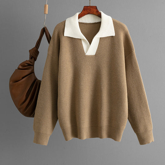 Knit Polo Collar Color Block Pullover Sweater