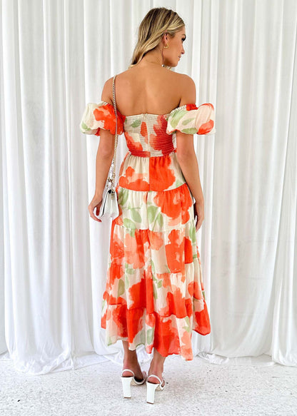 Floral Backless Puffy Sleeves Long Dress