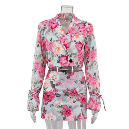 Digital Print Fashion Two-Piece Skirt Set with Button Detail
