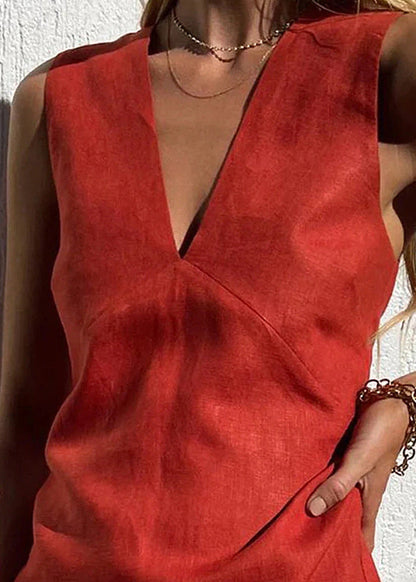 Deep V Linen Mini Dress Sleeveless Sculptural