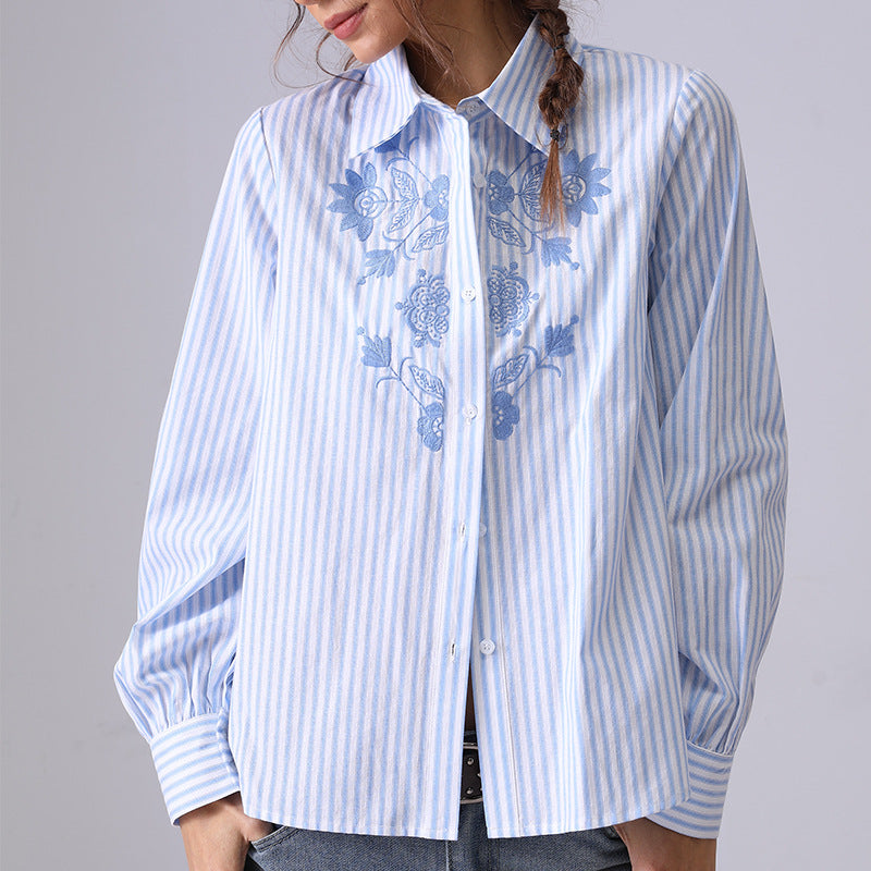 Casual Striped Embroidered Long Sleeve Shirt
