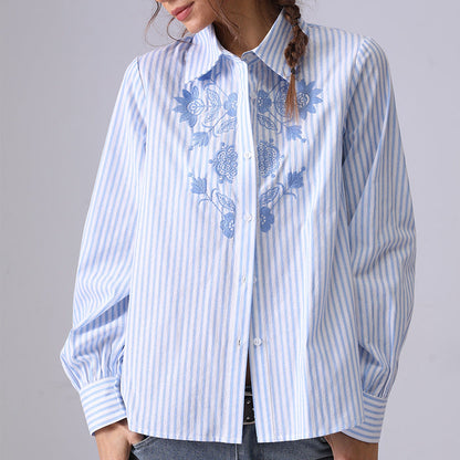 Casual Striped Embroidered Long Sleeve Shirt