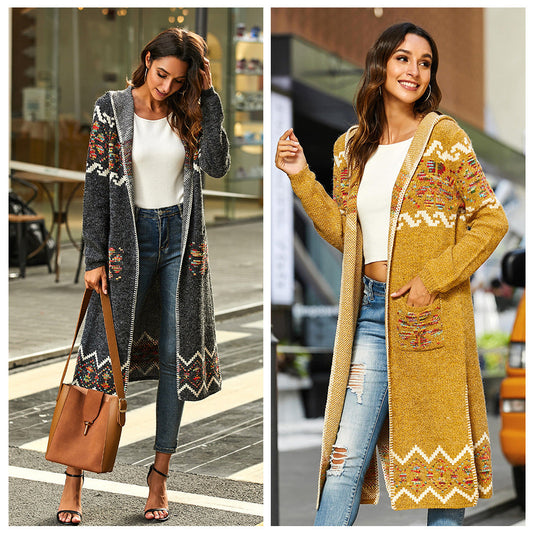 Bohemian National Style Cardigan Sweater Color Knit Flower Knit Sweater New Sweater Long Coat