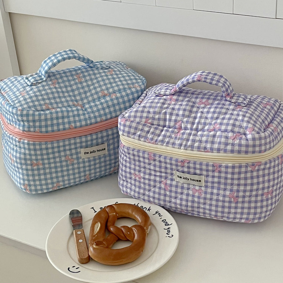 Large Capacity Plaid Bow Cosmetic Bag Retro Style