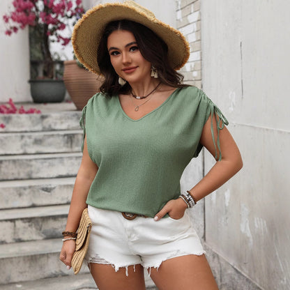 V-Neck Drawstring Short Sleeve Loose Top For Women