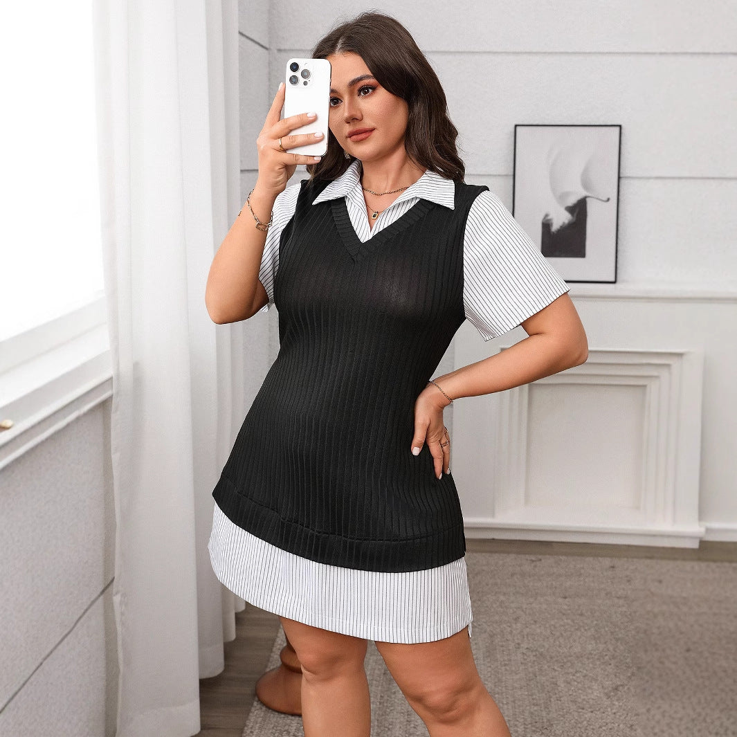 Plus Size Striped & Checkered Short Sleeve Dress