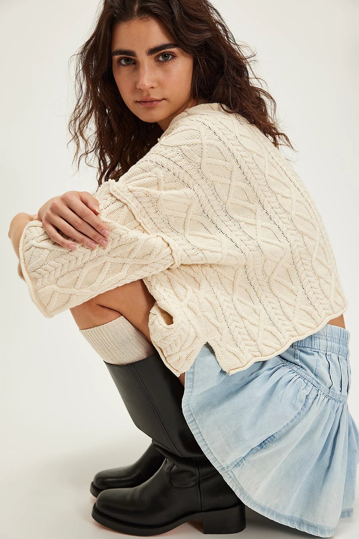 High-Waist Casual Denim Pleated Mini Skirt