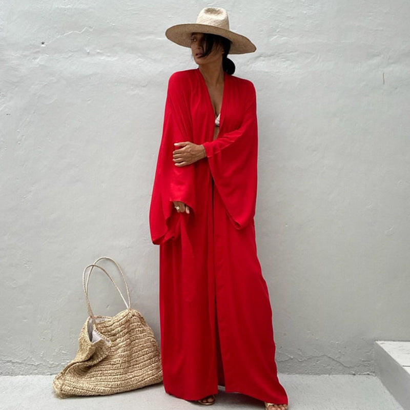New Cotton Loose Long Cardigan Beach Sun Protection Jacket Beach Vacation Bikini Cover Up Swimsuit For Women'S Outerwear