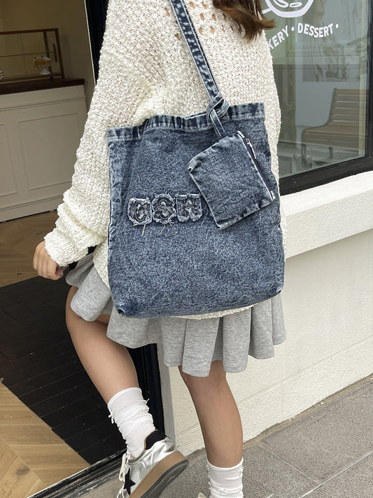 Trendy Denim Tote Bag Stylish Large Capacity Shoulder Bag