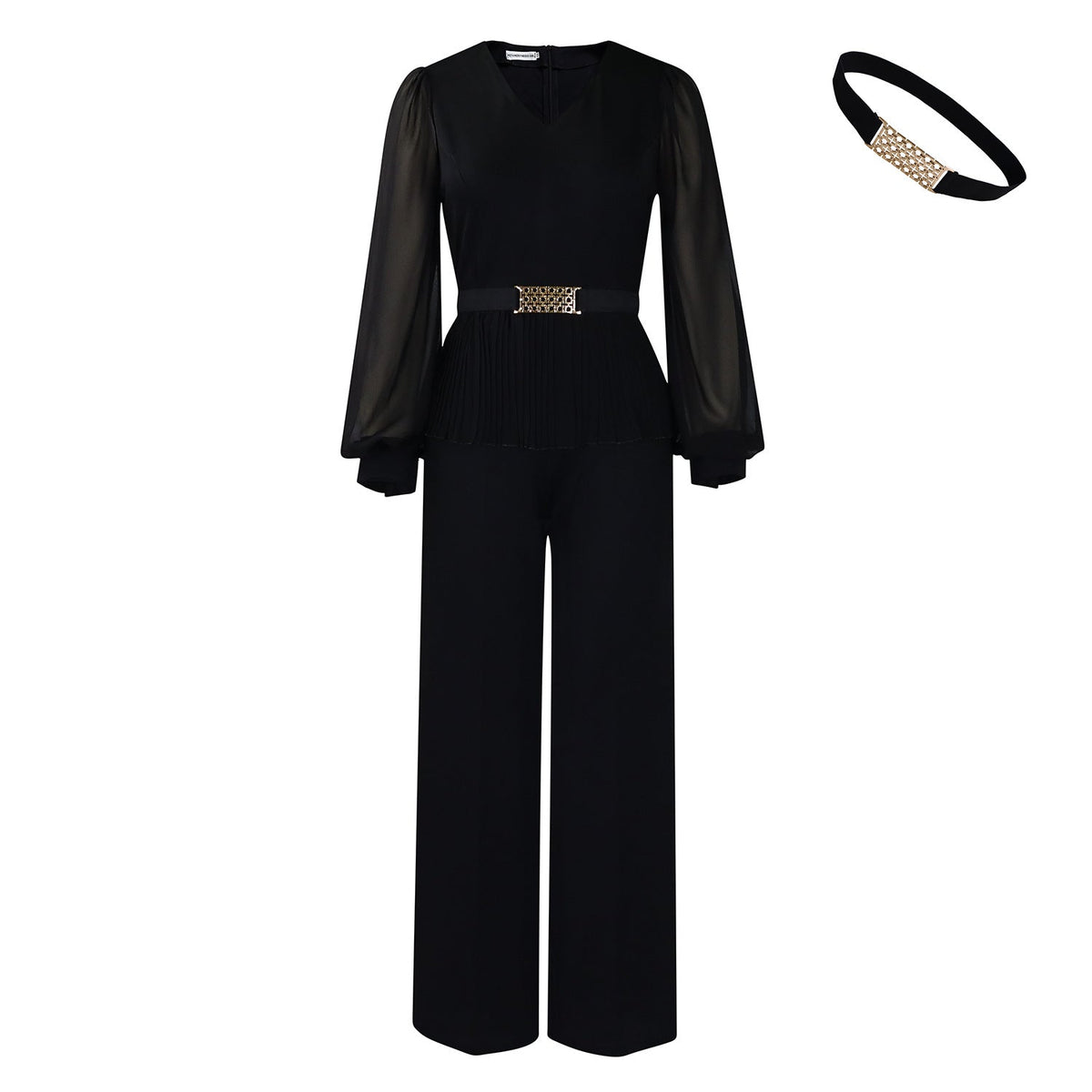 Elegant Fashion Office V-Neck Long Sleeve Ruched Waist Top And Wide Leg Pants Set
