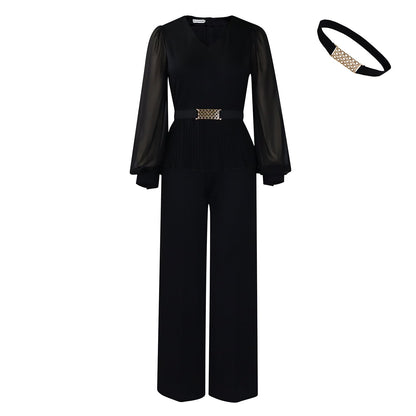Elegant Fashion Office V-Neck Long Sleeve Ruched Waist Top And Wide Leg Pants Set
