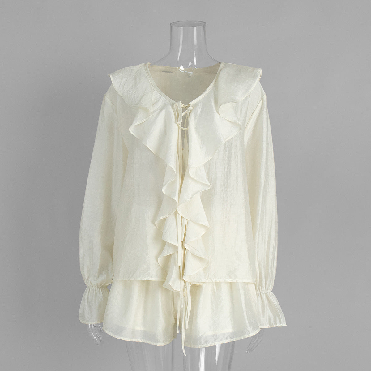 French V-Neck Ruffle Sleeve Shirt and Shorts Set